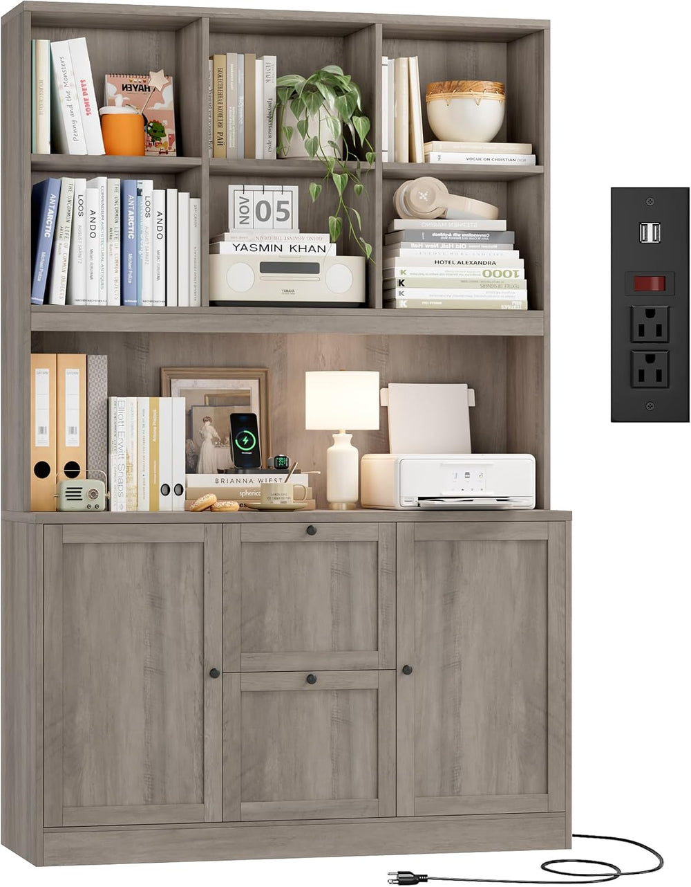 HIFIT 72'' Tall File Bookcase with Outlet & Printer Stand, 2 Fili...