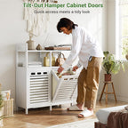 Homykic Tilt Out Laundry Hamper Cabinet, Bamboo Double Laundry Hamper with 2 Removable Laundry Baskets, 20 Gal Laundry Sorter Organizer with Shelf for Dirty Clothes, Bathroom, Laundry Room, White