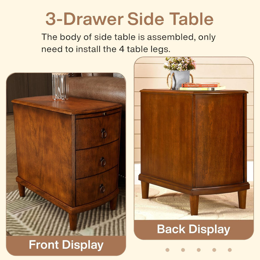 PADMA HOUSE Solid Wood End Table with 3 Drawers, Fully Assembled Nightstand w...