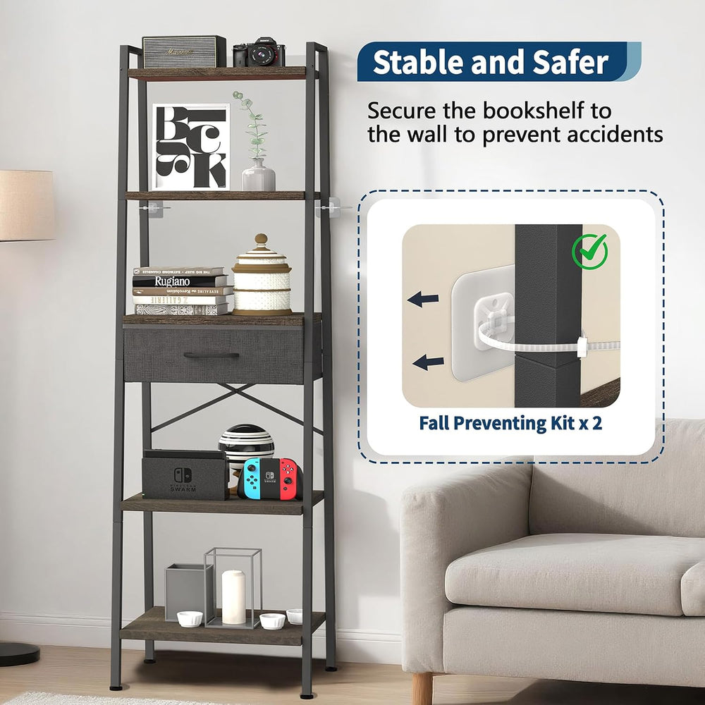 Whitmor 5-Tier Bookshelf with Drawer, Tall Narrow Bookcase with Wood Shelves ...