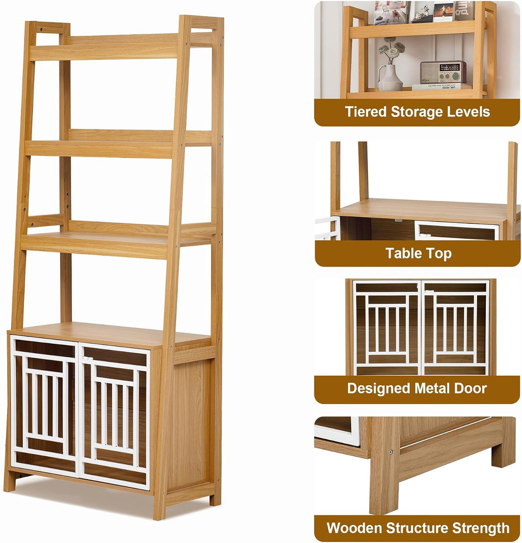 2 in 1 Dog Furniture Dog Crate Ladder Bookshelf, Tall Wood Display Shelf with Storage, Dog Kennel Bookcase for Small Sized Dogs up to 50lbs, 32.5" L