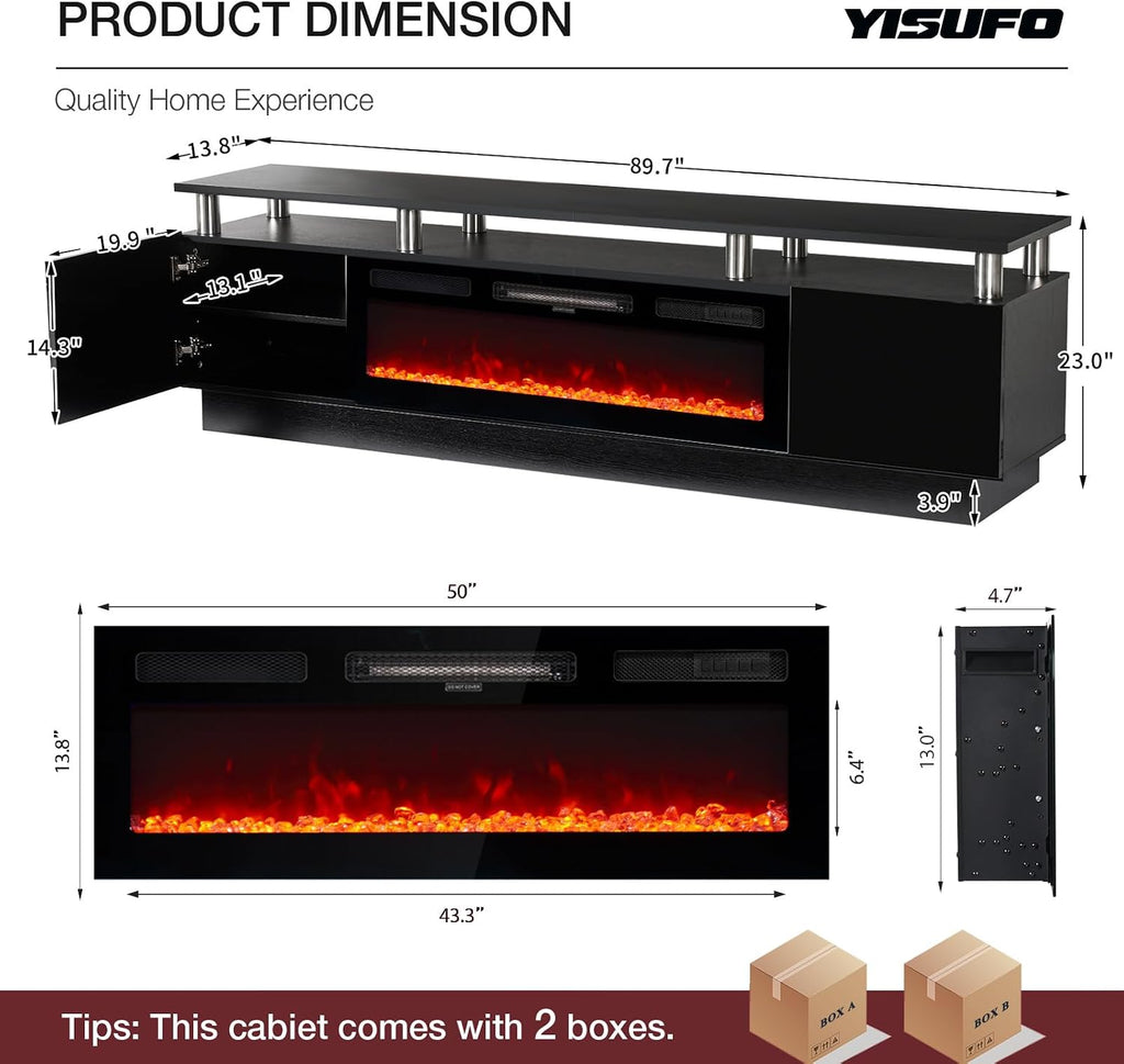90" Fireplace TV Stand, 2-Tier LED Entertainment Center with 50" Fireplace, Fits TVs up to 100", Modern High Gloss TV Console with LED Lights & Storage Cabinets for Living Room, Black + Black