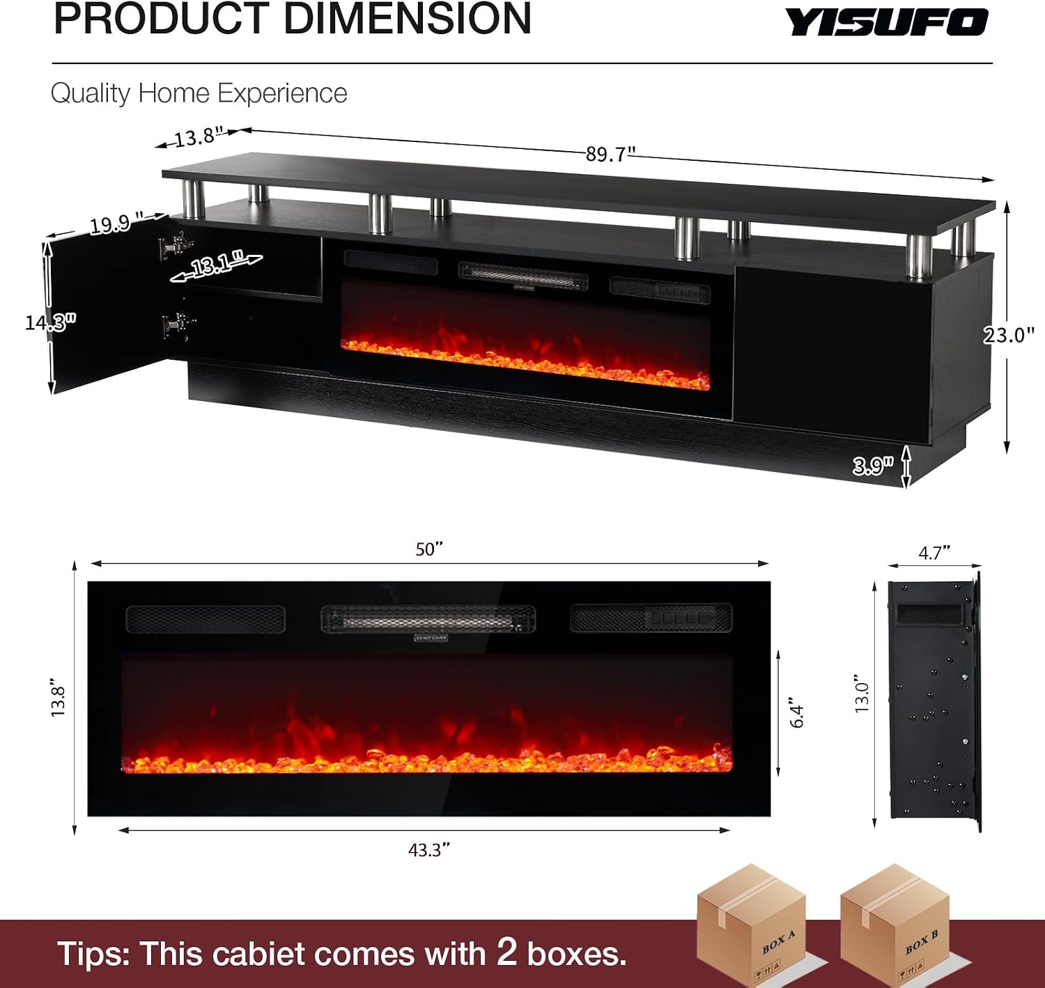 90" Fireplace TV Stand, 2-Tier LED Entertainment Center with 50" Fireplace, Fits TVs up to 100", Modern High Gloss TV Console with LED Lights & Storage Cabinets for Living Room, Black + Black