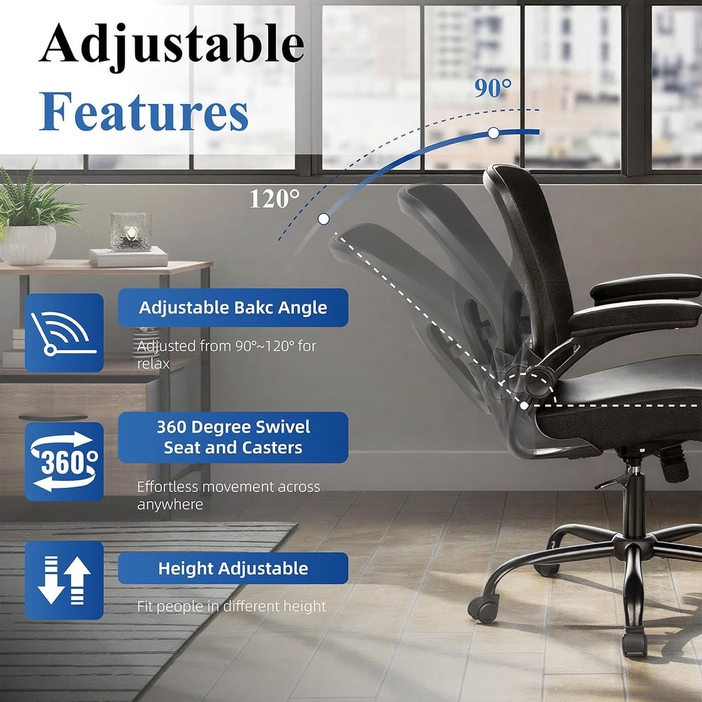 Ergonomic Office Chair, Flip-up Armrest, Mesh Back PU Leather Seat | Black Co...