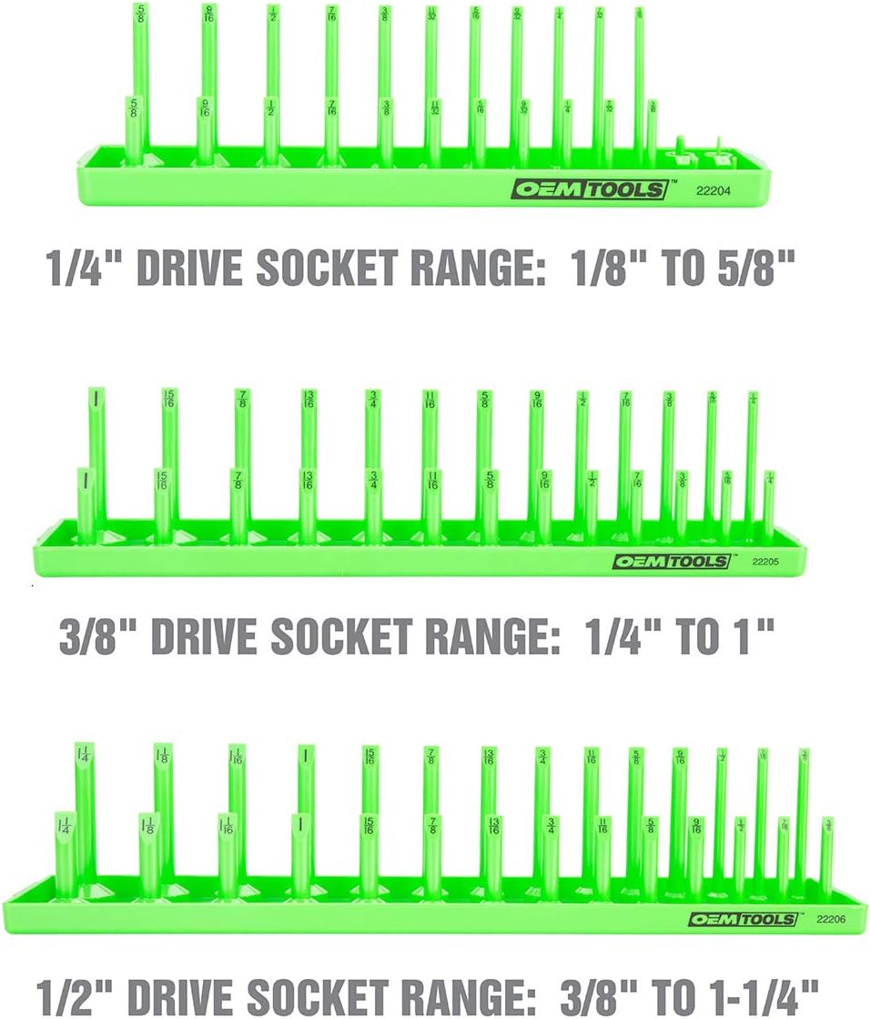 OEMTOOLS 22233 Tool Storage Organizer for SAE and Metric Socket, 6PC Socket Organizers for 1/4", 3/8", and 1/2" Drive Sockets, Optimize Toolbox Organization