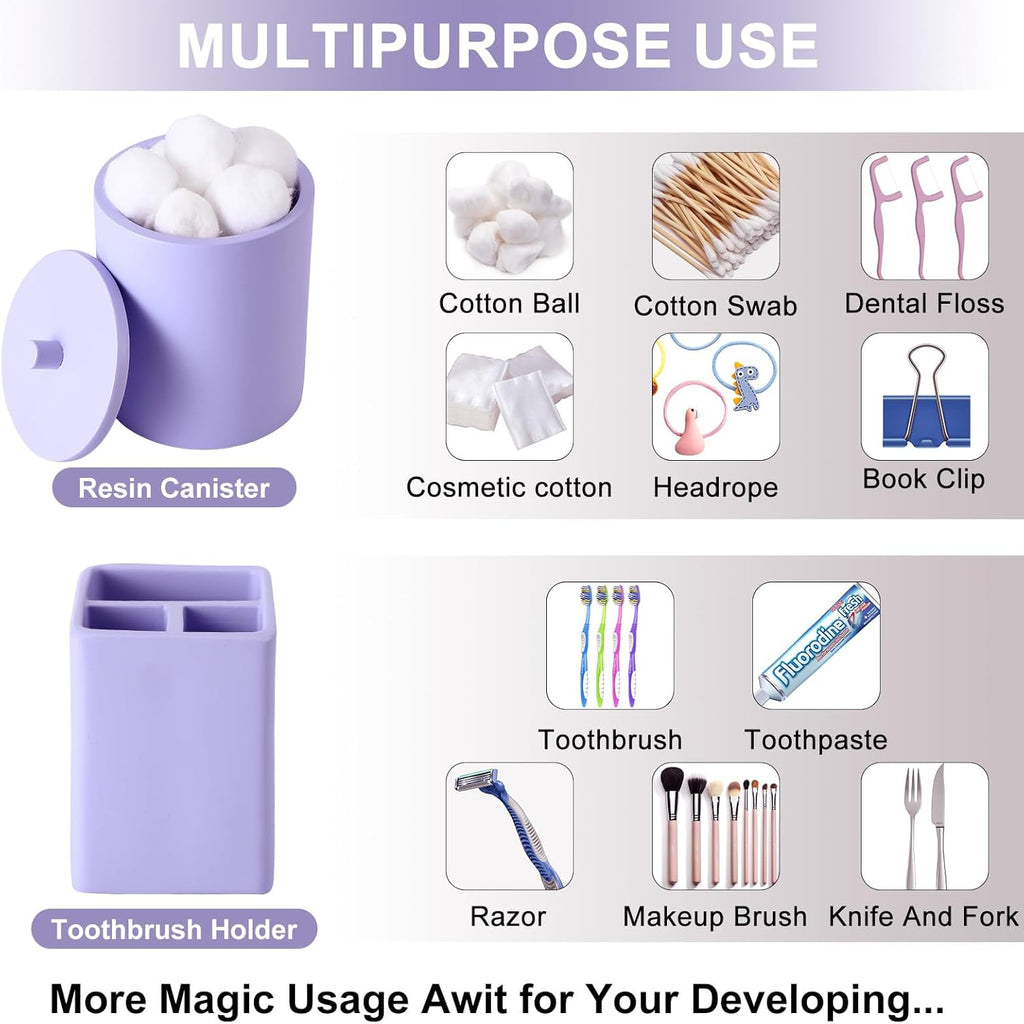 Resin 6 Pcs Purple Bathroom Set Complete with Toothbrush Holder, Lotion Soap Dispenser, 2 Qtip Holder Dispensers,Vanity Tray,Bathroom Tumbler - Countertop Vanity Organizer - Bathroom Accessories
