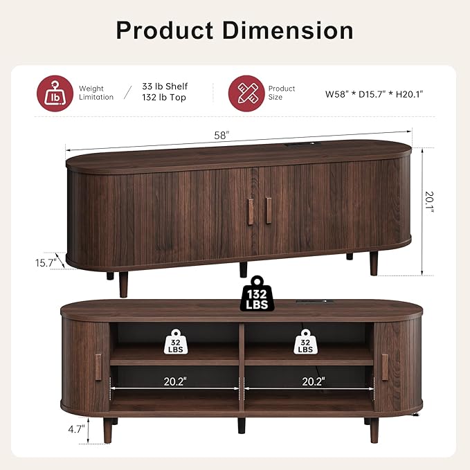 58" Mid Century Modern TV Stand, Wood TV Consoles with Sliding Doors and Power Outlet, Entertainment Center with Adjustable Shelves, Fluted TV Stands for Living Room, Walnut