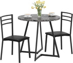 VECELO Small Round Dining Table Set for 2, Wood Tabletop with Strong Metal Frame, Modern Dinette with Chairs for Kitchen, Breakfast Nook Living Room, Faux Marbled & Grey