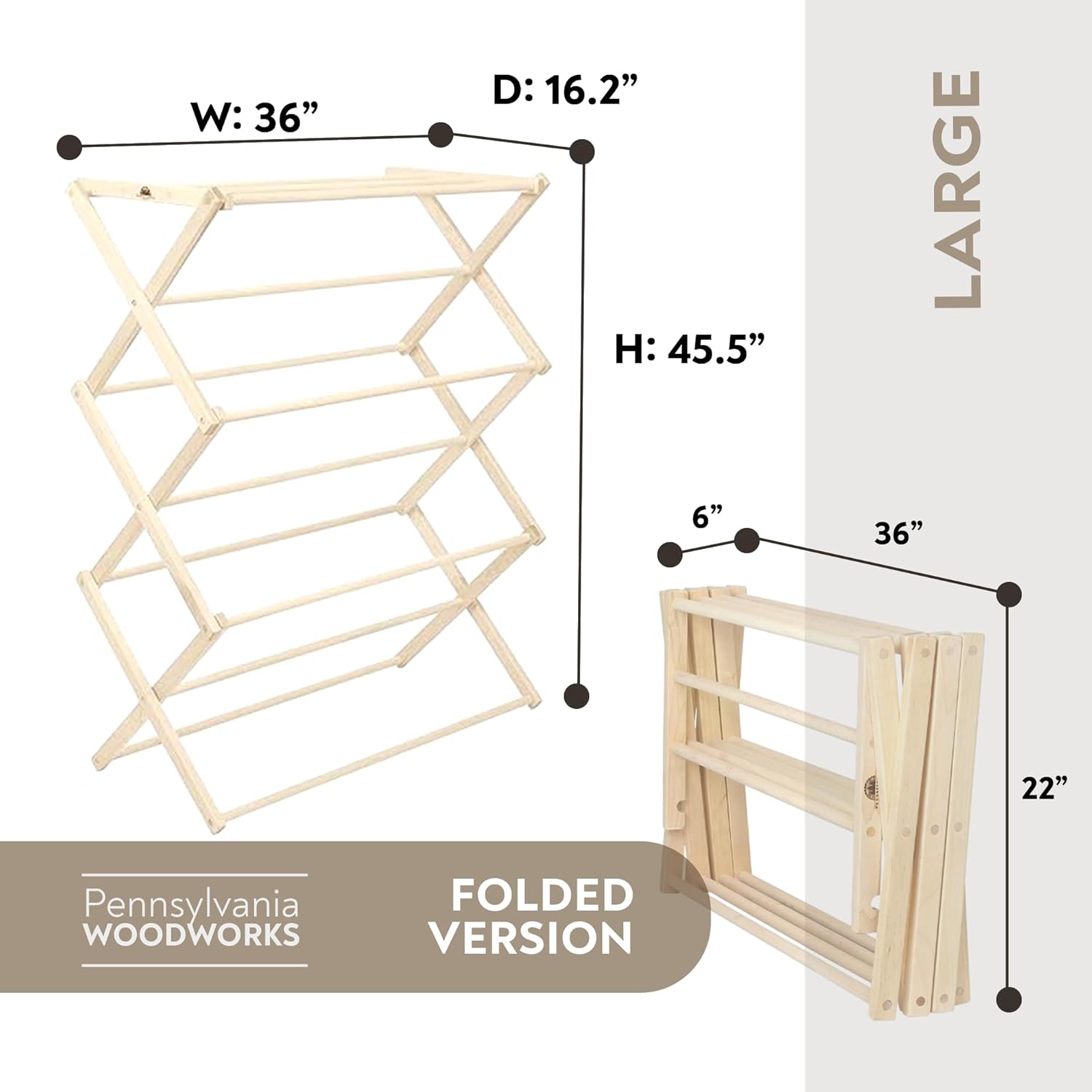 Pennsylvania Woodworks Premium American Maple Clothes Drying Rack - Handcrafted in Pennsylvania - Solid Wood Construction, Collapsible, Eco-Friendly Laundry Solution (Large)
