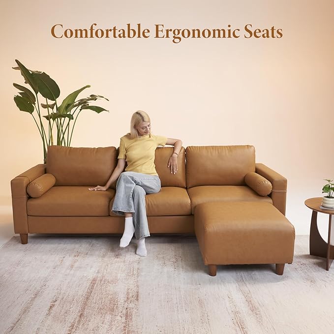 Vesgantti 100" L Shaped Faux Leather Couch with Movable Ottoman, 3 Seater PU Leather Sectional Sofa with Side Pocket, Mid Century Modern Modular Couch for Living Room, Bedroom, Cognac Tan
