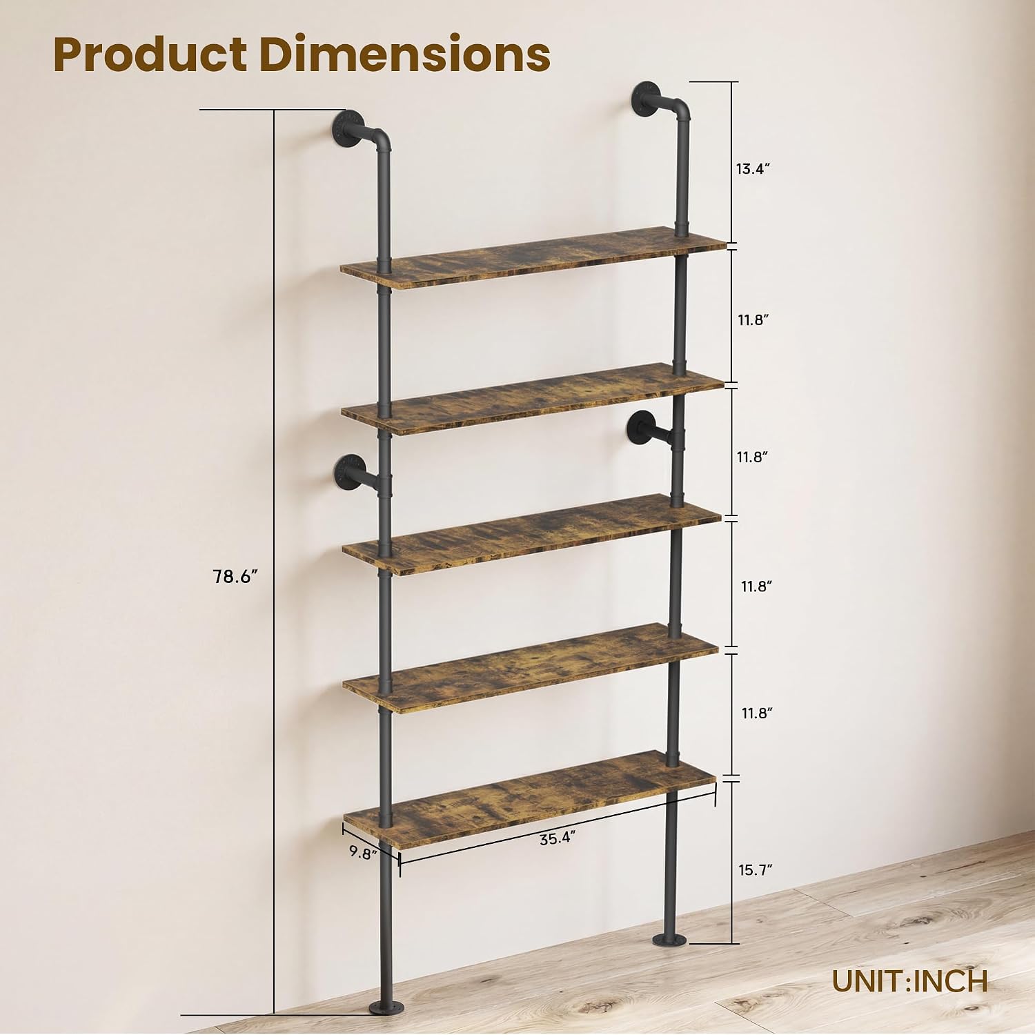 Merapi 5 Tier Rustic Industrial Pipe Floating Wall Shelves | Wall Mounted Shelves for Coffee Bar & Bookshelf Farmhouse Wall Shelf for Kitchen, Living Room, Bathroom & Pantry Organizer