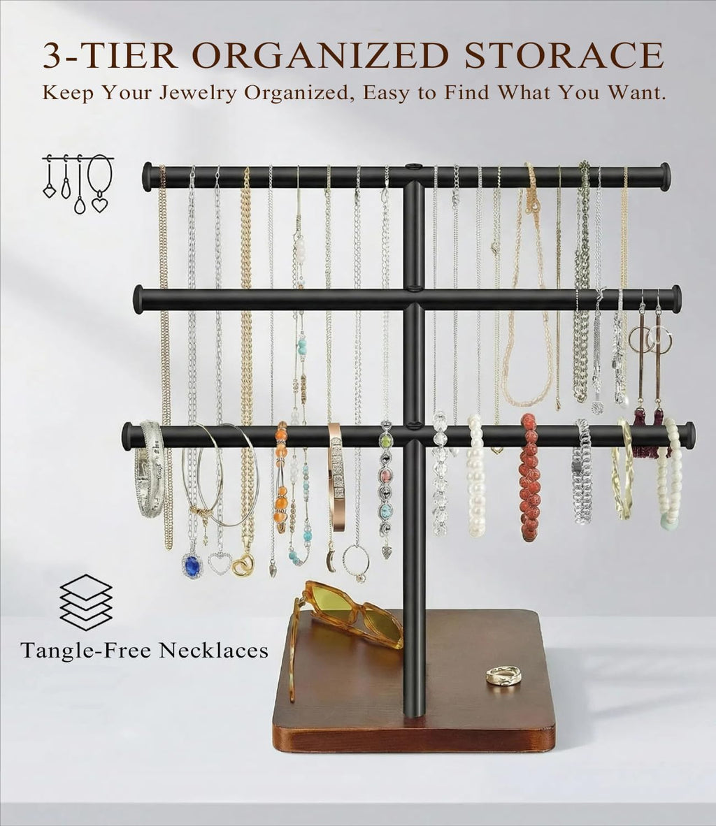 3 Tier Jewelry Holder Organizer, Bracelet Holder Display, Detachable T Bar Wood Jewelry Organizer, Jewelry Display Stand, Necklace Bracelet Holder for Earring, Watches, Rings, 2025 New - Brown
