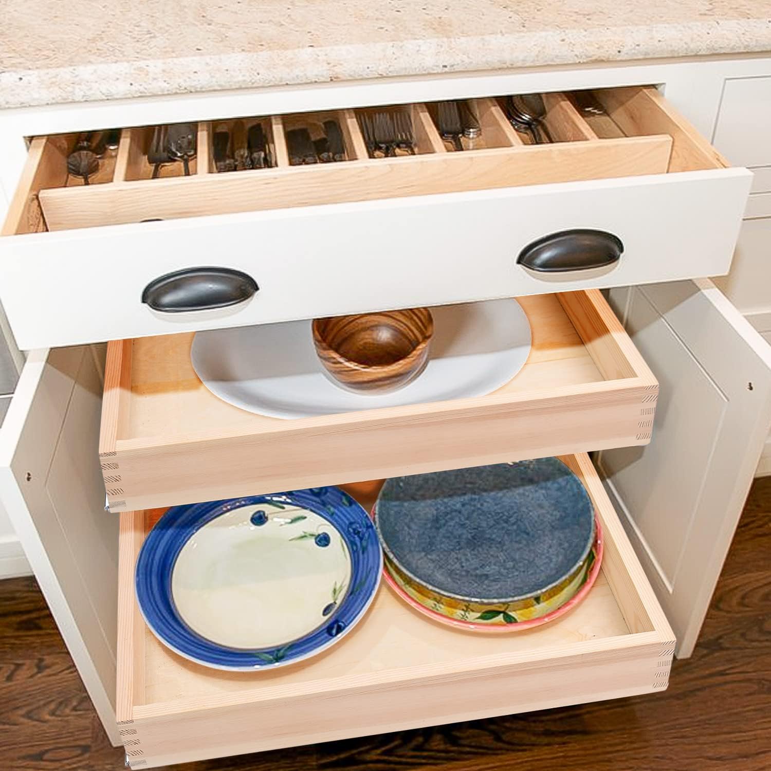 26''W x 21''D x 3''H Pull Out Cabinet Drawer Soft Close Slide Out Wood Organizer for Kitchen, Finished, Bottom and Side Assembly (Wood Drawer Part Width is 25inch)