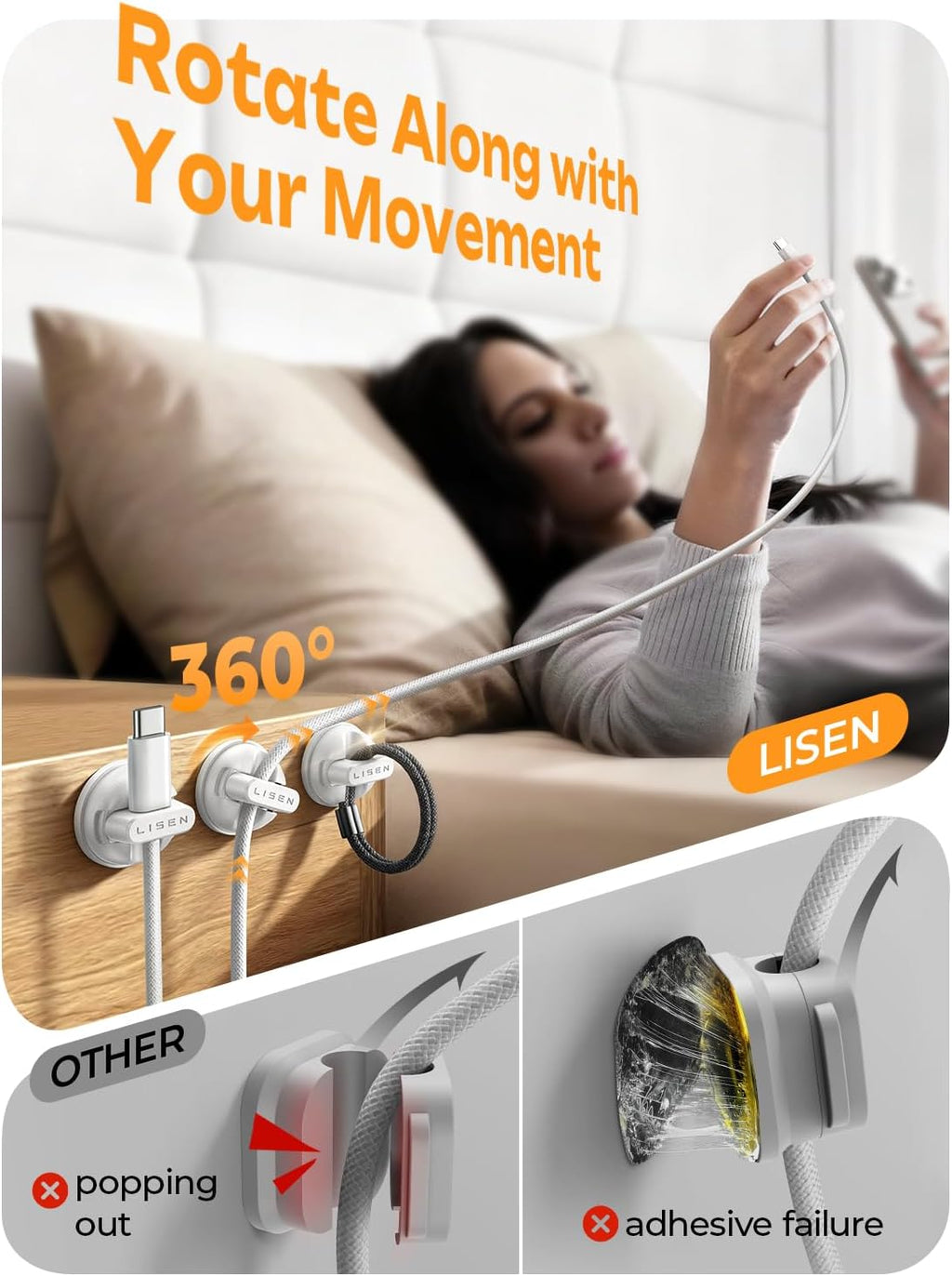 6-Pack Rotatable Cord Holder for Nightstand, LISEN 360°Rotating Magnetic Clips, No-Residue Adhesive Cable Management Clips Neatly for Nightstand, Desk, Home, Office, Car, Cubicle Accessories, White