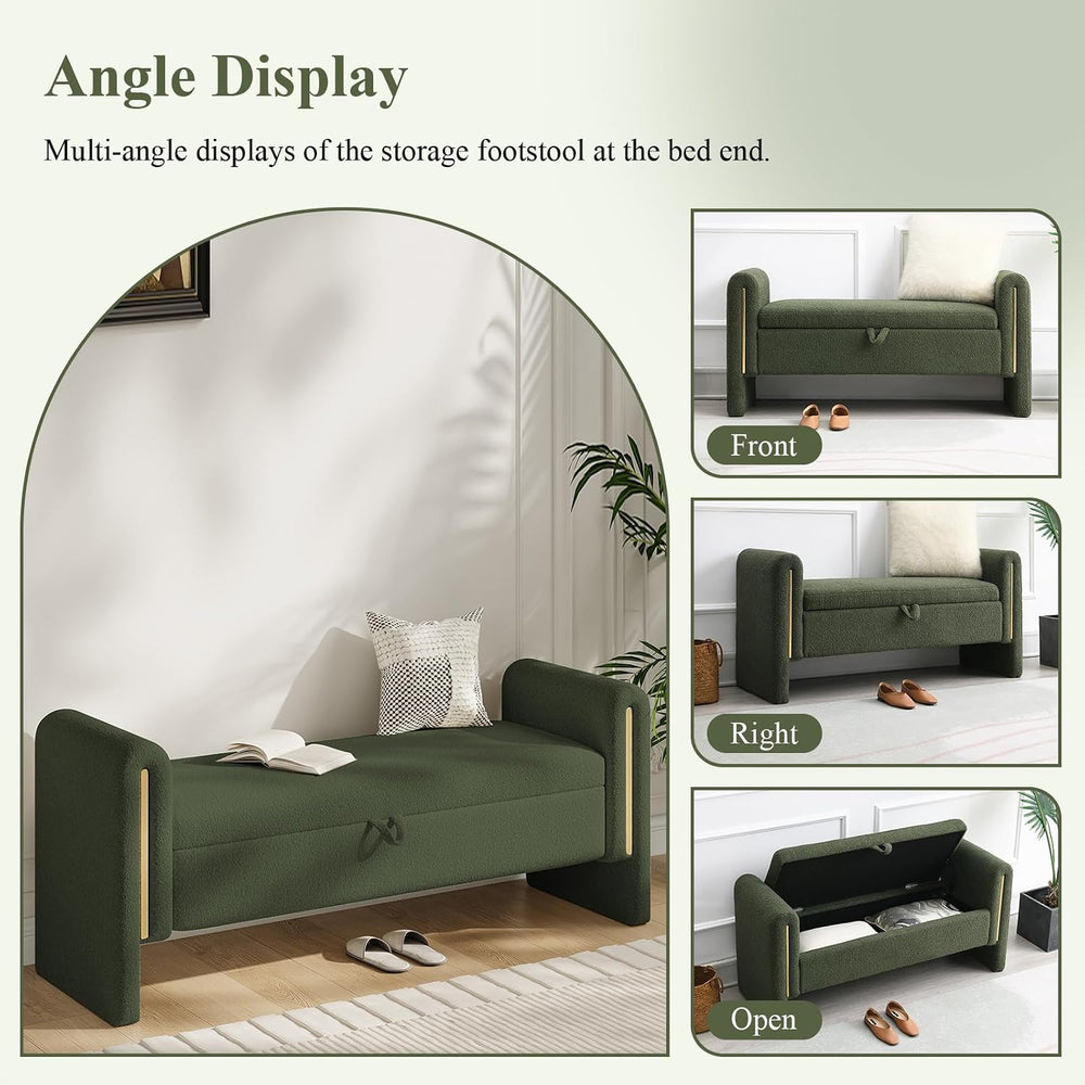 52" Storage Ottoman Bench, Teddy Upholstered End of Bed Bench with Pull-...