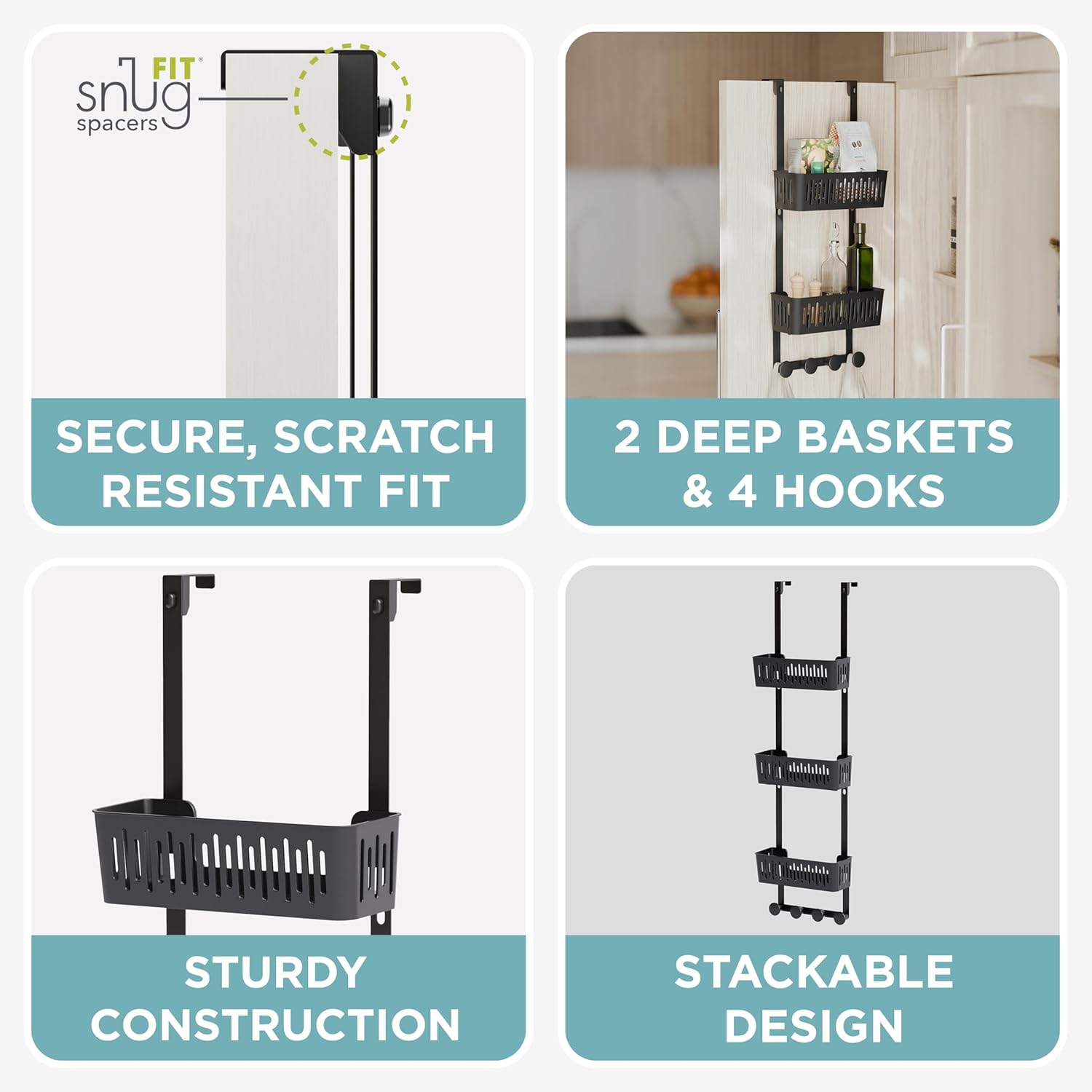 Zenna Home SnugFit Over the Door Caddy Organizer with 2 Storage Baskets and 4 Hooks, Over Door Hanging Organizer for Bathroom, Kitchen, Bedroom, Closet, Easy to Install, No Drilling, Black
