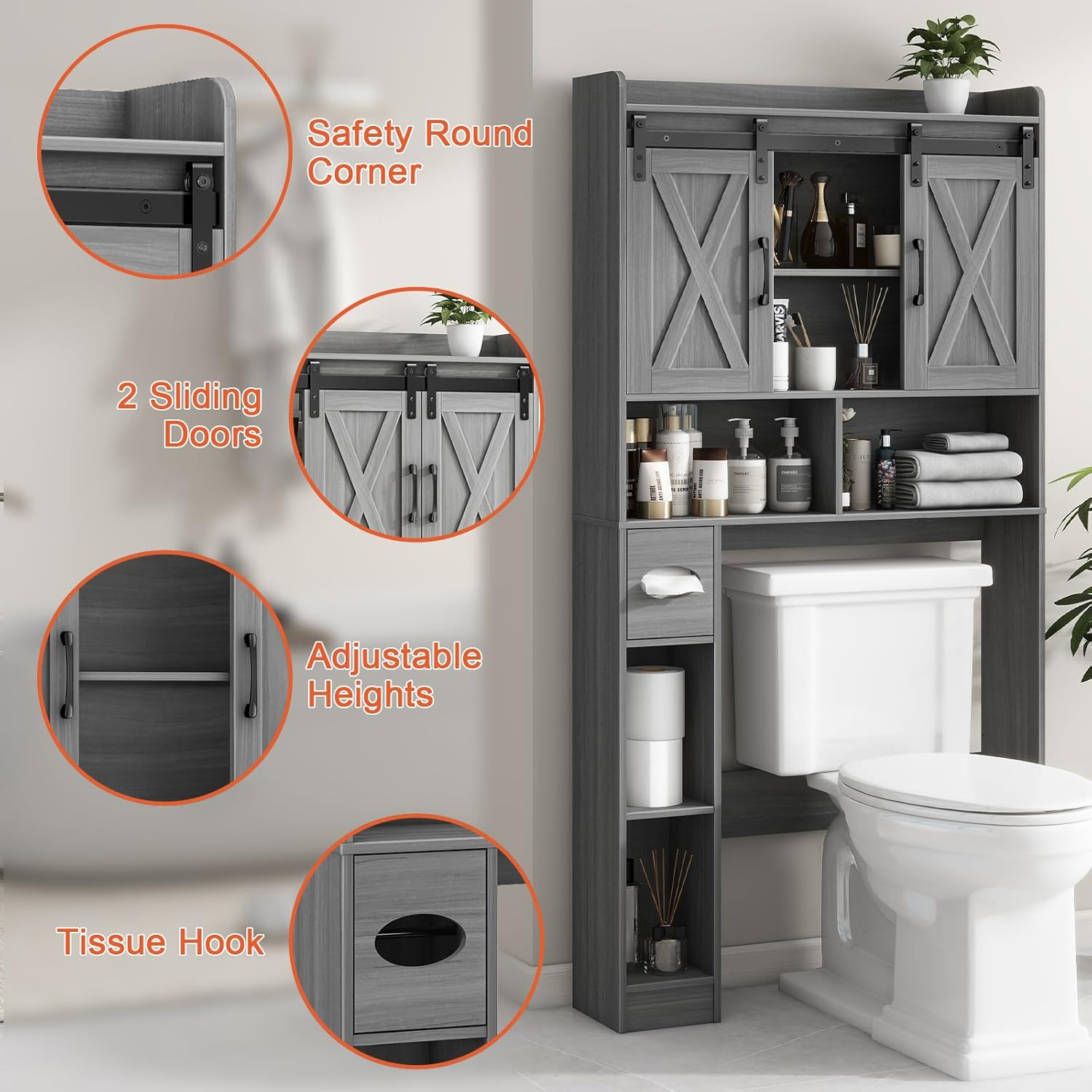 Farmhouse Over The Toilet Storage Cabinet with Sliding Door & Toilet Paper Holder Stand, Space-Saving for Bathroom & Restroom, Wash Grey