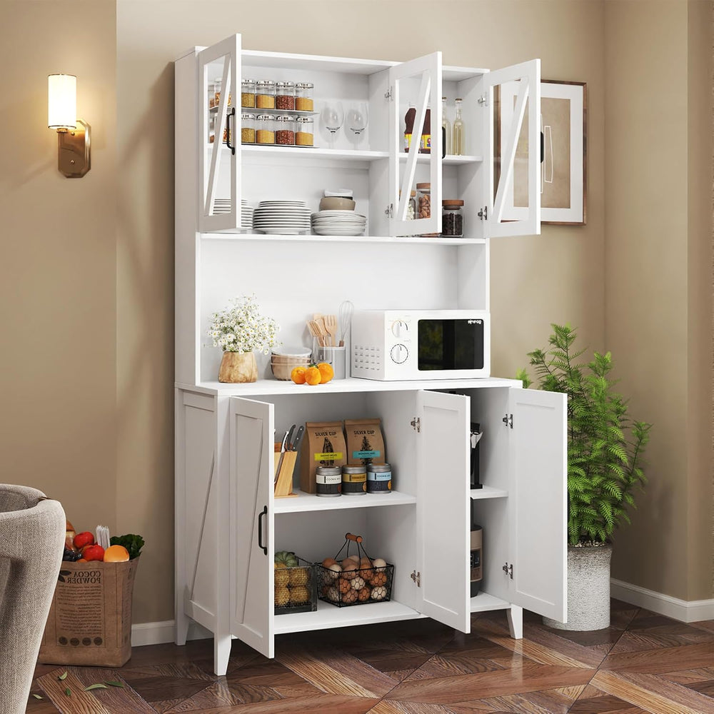 70.87" Kitchen Pantry Cabinet, 39.37" W Kitchen Hutch with Microwav...