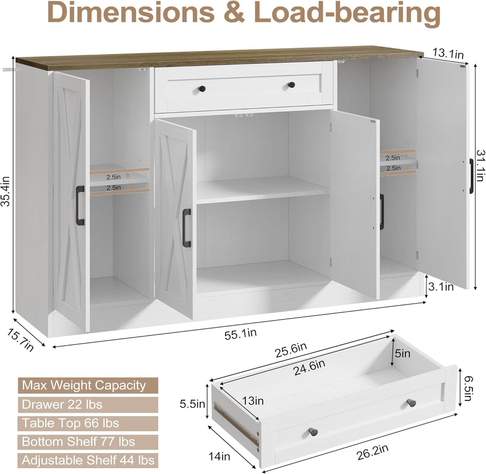 Buffet Cabinet with Storage, 55" Large Sideboard Storage Cabinet with Dr...