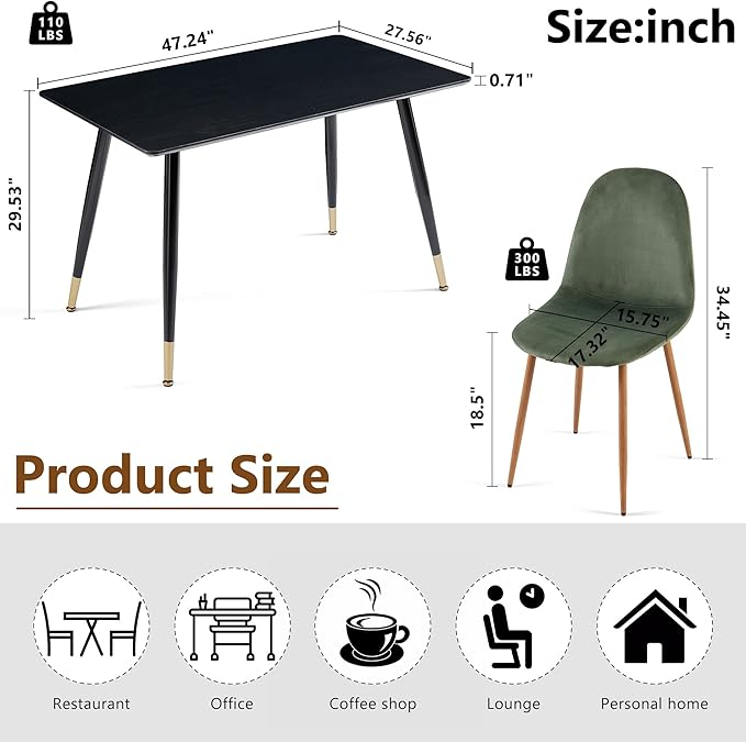 Home Kitchen Dining Room Set for 4, 5 PCS Dining Table Set, 47" Oblong Kitchen Table with MDF Black Wooden Borad and 4 Seated Upholstered Dining Chair Velvet for Dining Hall, Apartment