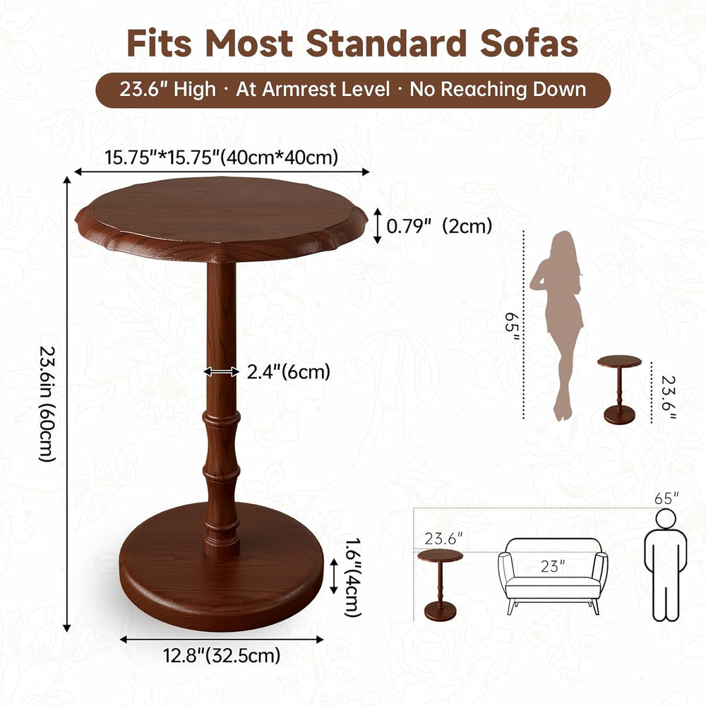 Vintage Pedestal Side Table, 100% Solid Wood Round End Table, Walnut | Small ...