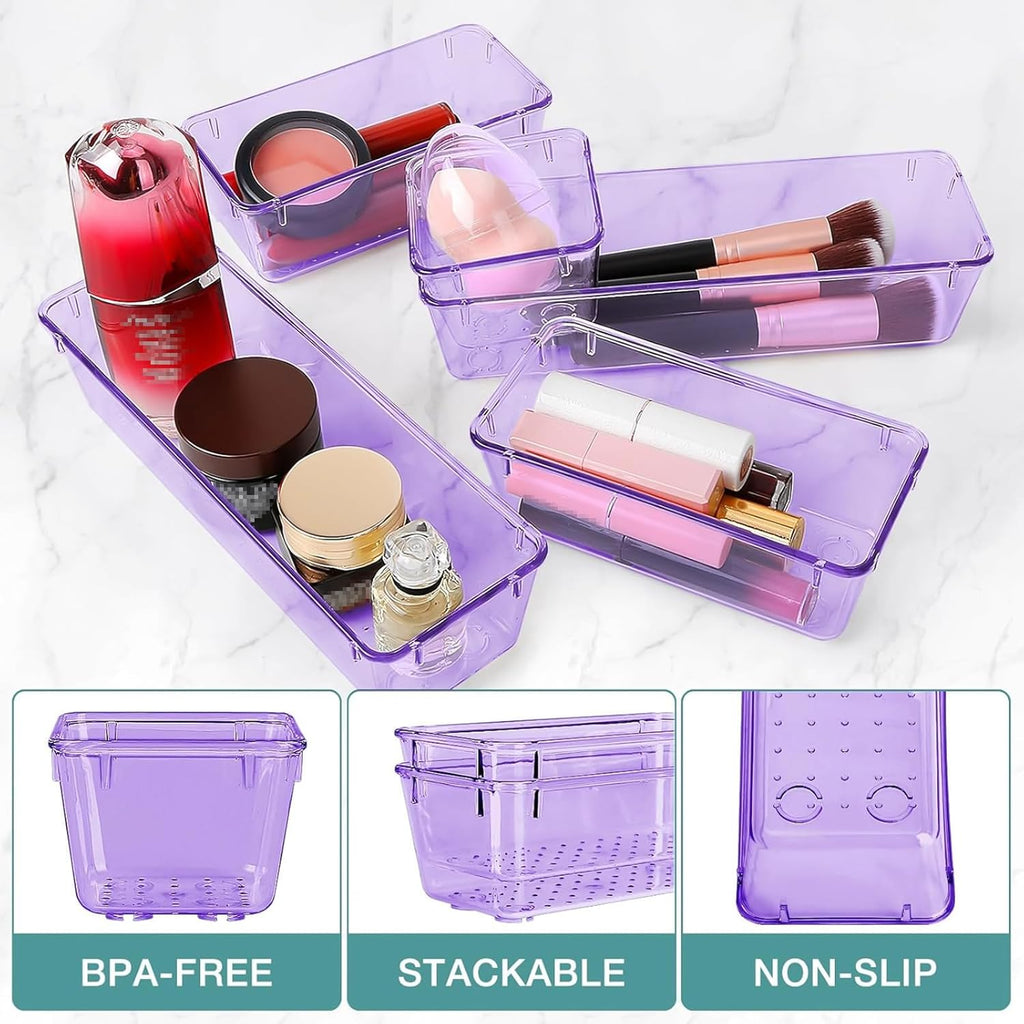 25 PCS Drawer Organizer Set, 4 Varied Size Bathroom and kitchen Drawer cabinet organizer Trays, Clear Storage Bins for Makeup, Jewelry, Utensils and Gadgets， Purple
