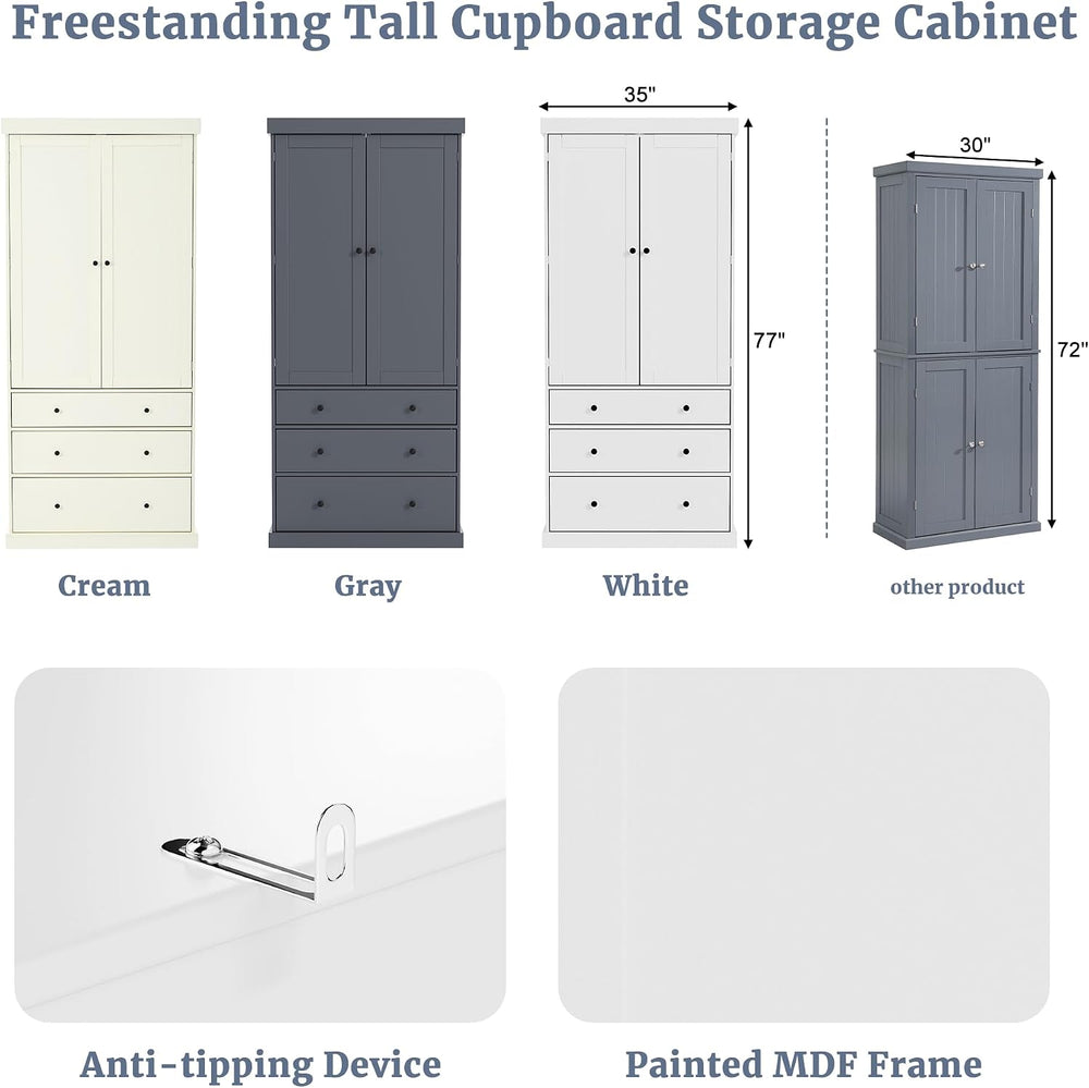 Merax 77” Pantry Cabinet, Kitchen Pantry Storage Cabinet with Drawers, Doors ...