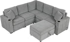 84.7" Symmetrical Convertible Sleeper Sectional Sofa Couch Bed for Living Room 4 Seater L Shaped Reversible Pull Out Sleeper Sofabed with Movable Ottoman ,2 Cup Holders ,USB Ports, Detachable Backrest