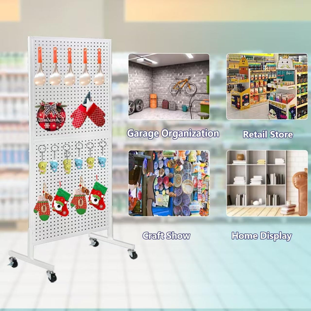 2'x 5' Standing Pegboard Display with T-Base, Pegboard Display Stand with Wheels, Metal Peg Board Display Rack, Art Display Stand, Extra 10 Pieces Hooks - White