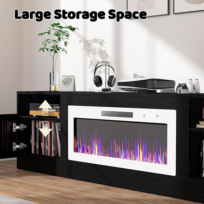 Lemberi Fireplace tv Stand with 36 inch White Fireplace Up to 90" TVs, LED Light Entertainment Center and Storage, 80" Modern Wood Media TV Console with Highlight Cabinet for Living Room (Black)