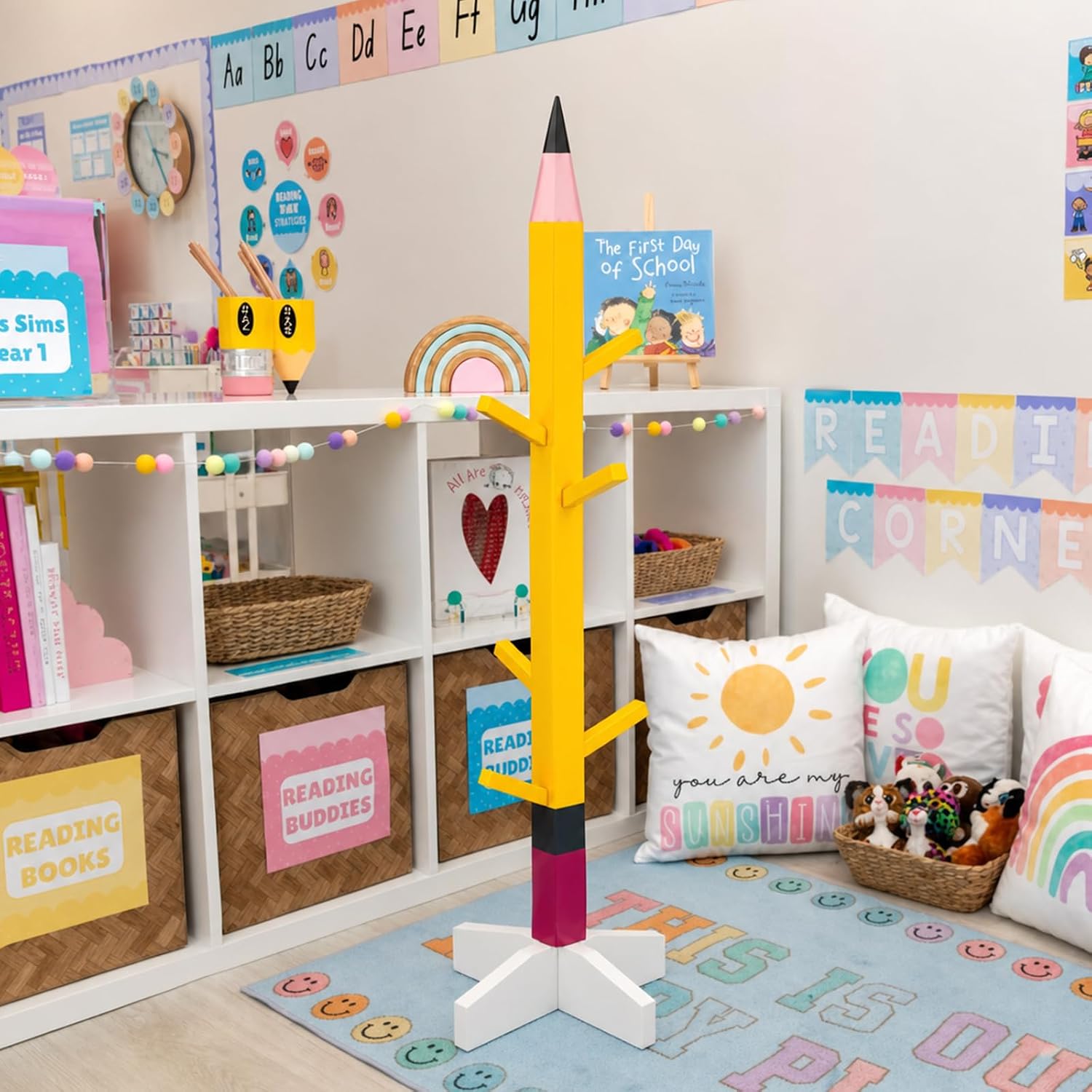 Mifoci Classroom Pencil Coat Rack Freestanding Bag Holder Heavy Duty Wood Pencil Shaped Backpack Rack Decorative Back to School Floor Coat Stand for Hat Cloth Key First Day of School Entryway Bathroom