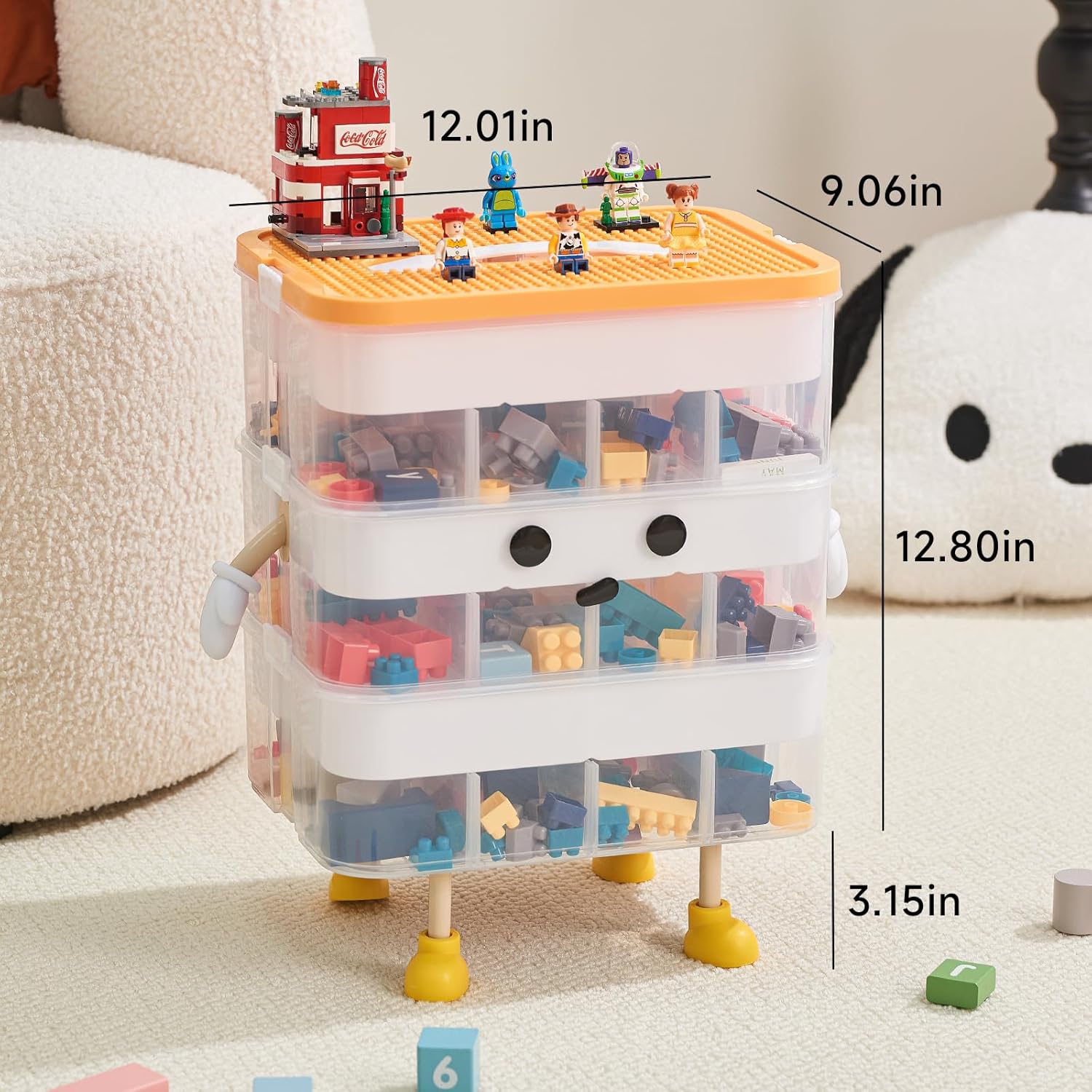 Organizers Storage Box for lego: Plastic Stackable Storage Case with Building Blocks Lids, Containers with Carrying Handle and Adjustable Grid Organizers, 3 Layer Orange