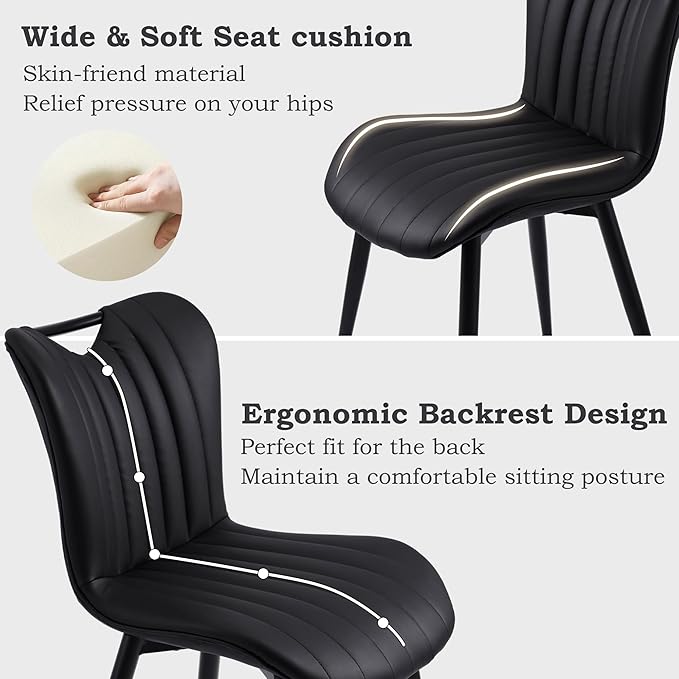 Leather Upholstered Dining Chairs Set of 2, Mid-Century Modern Kitchen Dining Room Chairs with Black Metal Legs, Armless Faux Leather Accent Dinner Chairs Kitchen Side Chairs, Black