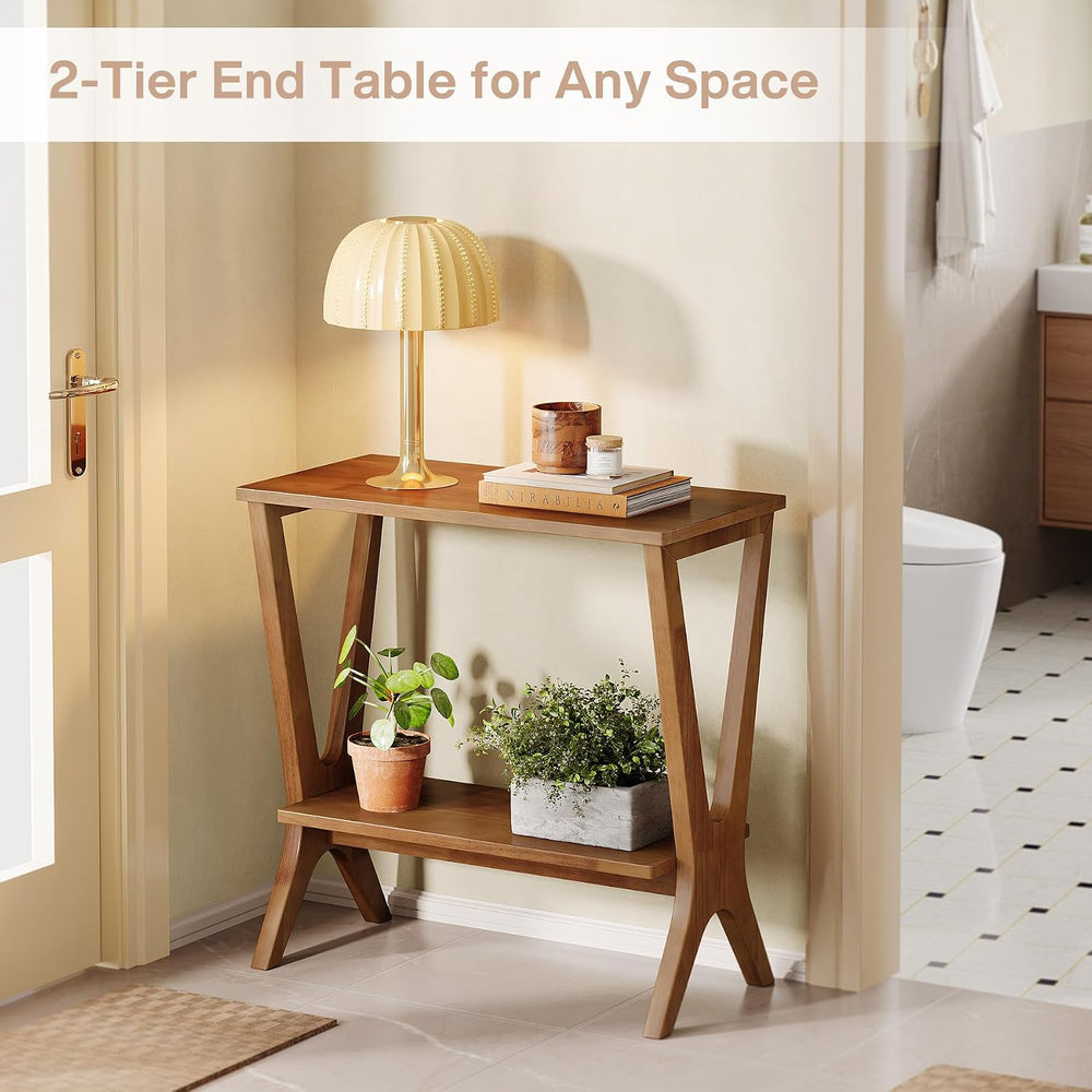 Solid Wood End Table for Living Room, 2-Tier Storage Shelves Sofa Couch Side ...