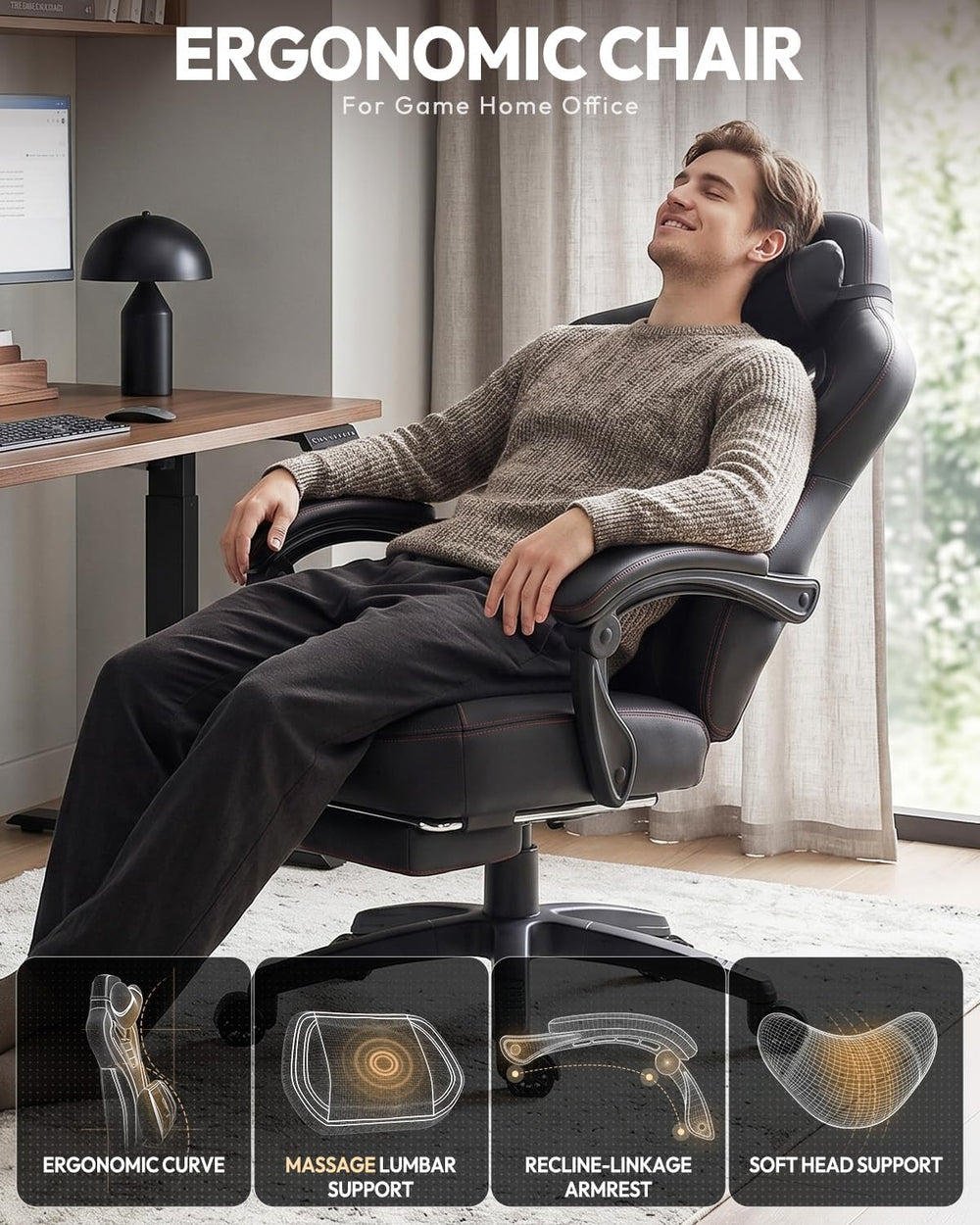 Dowinx Big and Tall Gaming Chair for Adults with Footrest, Massage Lumbar | E...