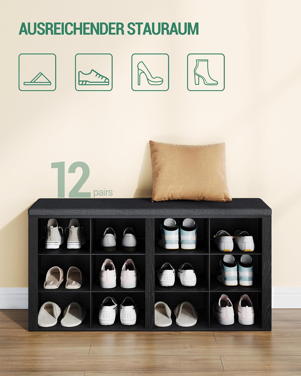Hzuaneri Shoe Storage Bench with Cushion, Entryway 12-Cubby Shoe Rack | multifunction shoe organizer cabinet with adjustable shelves for hallway, bedroom, living room, Black SB19004GY