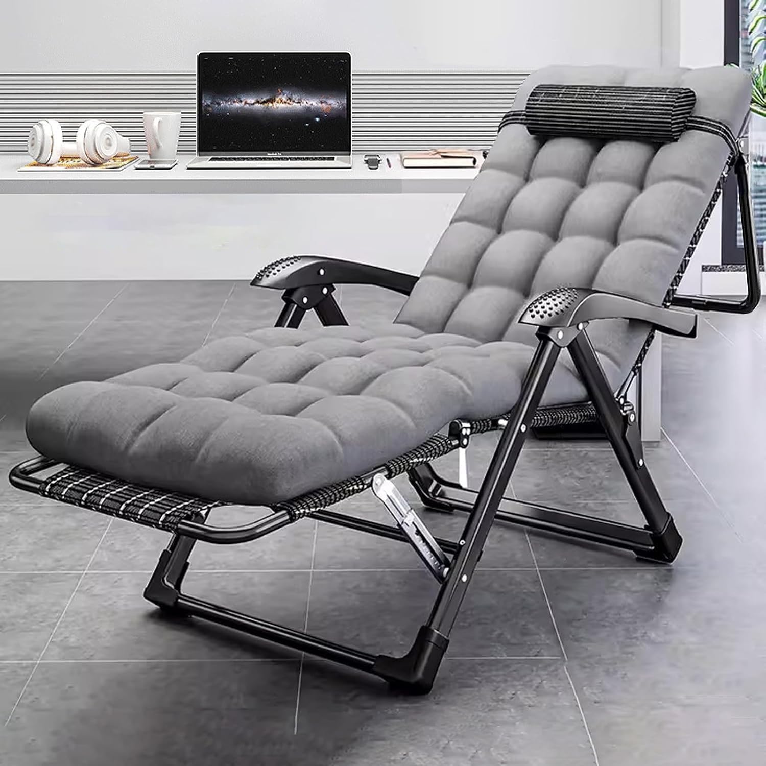 Gravity Indoor Outdoor Chair, Folding Reclining Lounge with Removable Gray Cushion and Headrest,