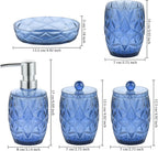 Modern Shatterproof Acrylic Cobalt Blue Bathroom Accessories Set – 5-Piece Glass-Free Vanity Set with Soap Dispenser, Toothbrush/Makeup Brush Holder, 2 Cotton Jars with Lids, and Soap Dish
