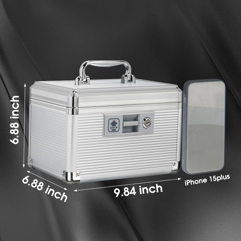 Medicine Lock Box with Key, Alluminum Alloy Box for Medication,First Aid Box with a Removeable Tray to Store Medicines & Pills for Home,Silver 10 * 6.89 * 6.89 Inch