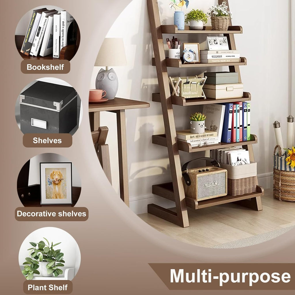 5-Tier Ladder Shelf Bookcase, Walnut Wooden Leaning Bookshelf | H 55.1" Ladder Bookshelf Space-Saving, Freestanding Storage Rack, Plant Ladder indoor for Living Room, Home Office, Bedroom