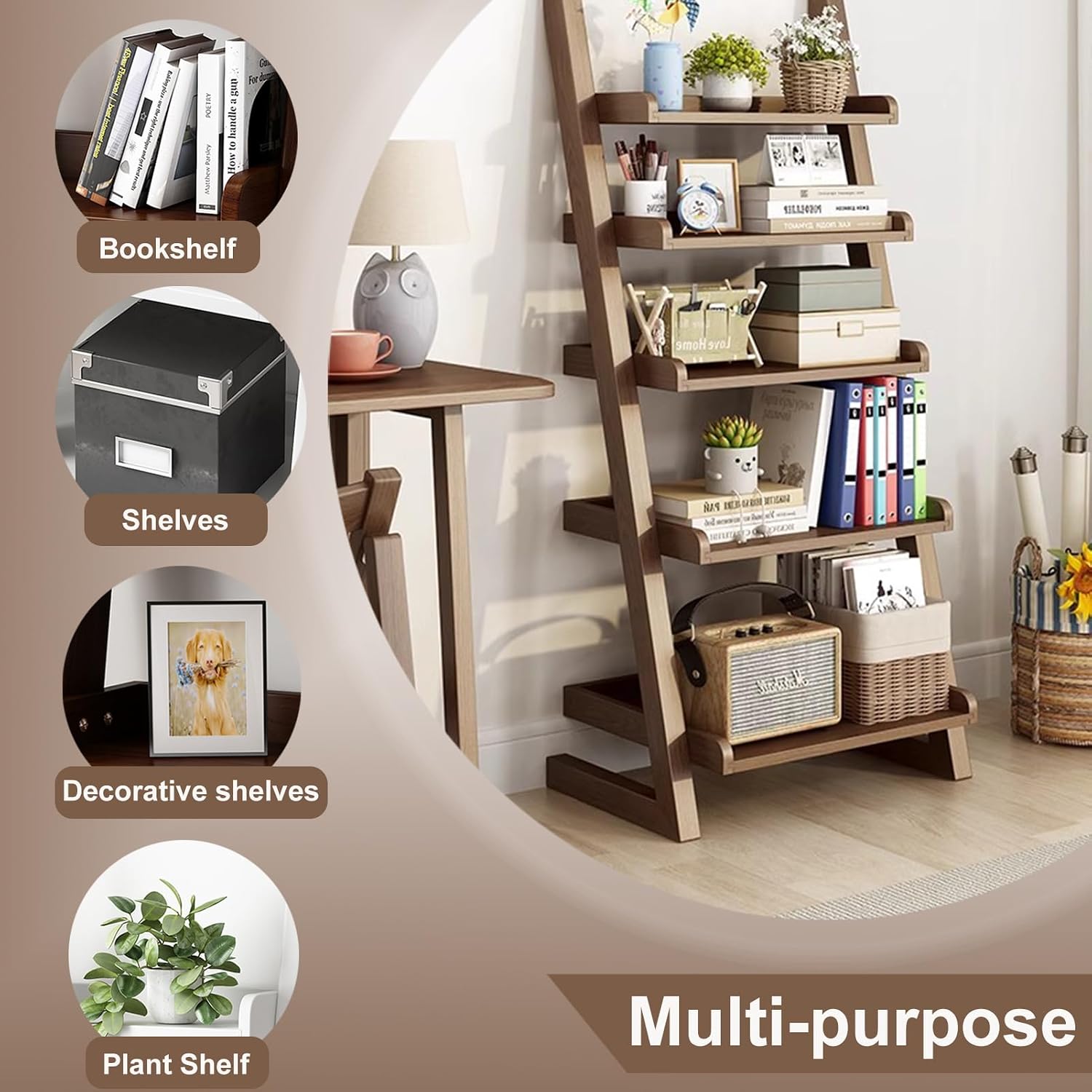 5-Tier Ladder Shelf Bookcase, Walnut Wooden Leaning Bookshelf | H 55.1" Ladder Bookshelf Space-Saving, Freestanding Storage Rack, Plant Ladder indoor for Living Room, Home Office, Bedroom