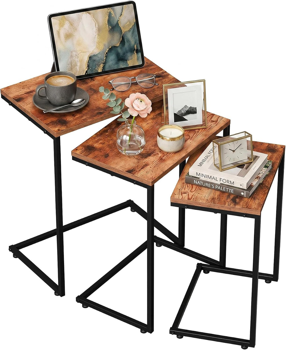 SUPER DEAL Nesting Tables Set of 3, Industrial C Shaped End Table Stackable C...