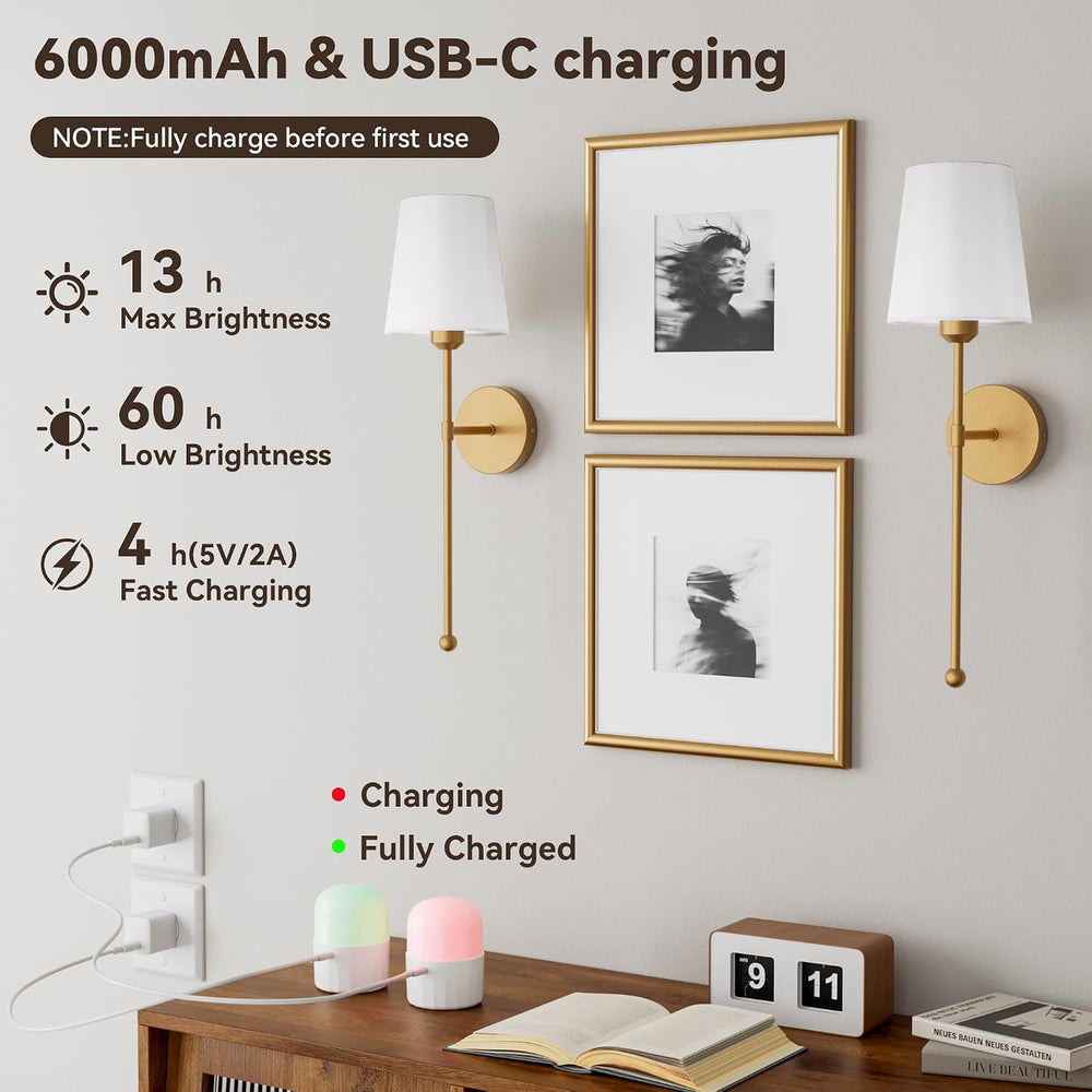Battery Operated Wall Sconces, Gold, 2 Pack with Magnetic Bulbs,RF Remote