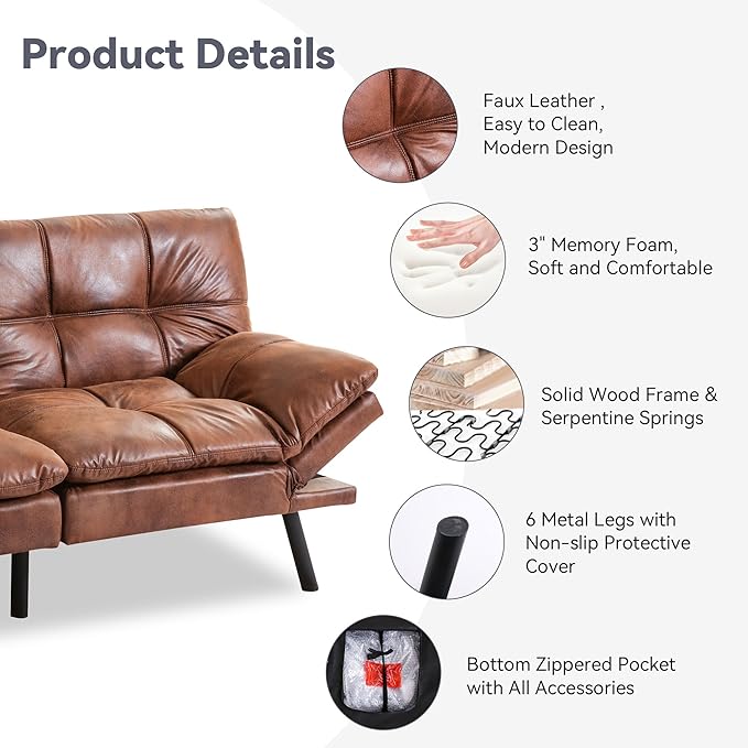 71" Convertible Futon Sofa,Faux Leather Futon Couch Bed,Sleeper Sofa Bed,Memory Foam Modern Folding Small Loveseat for Living Room,Office,Apartment,Classic Brown