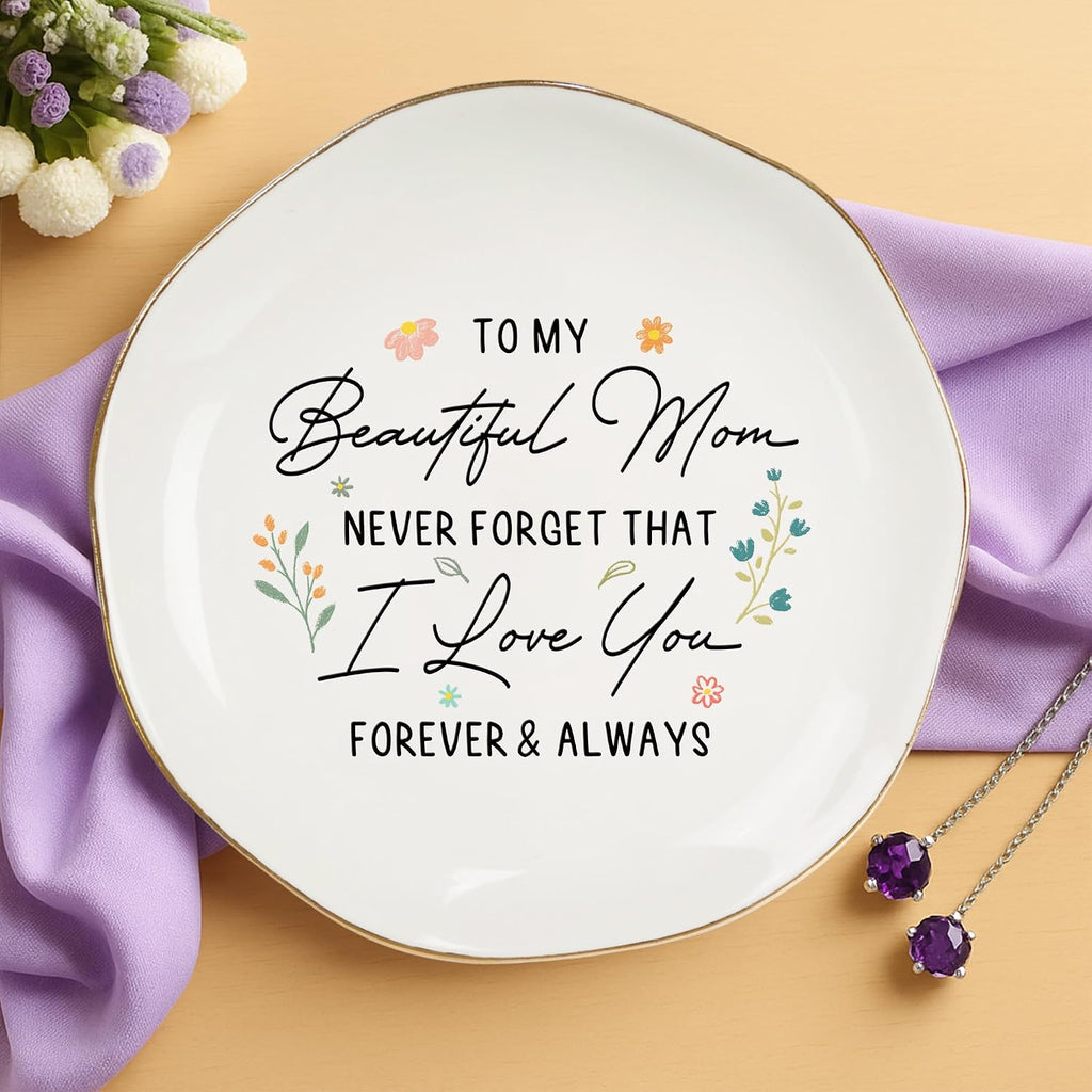 Beautiful Mom Forever Always Ceramic Ring Dish | Mother's Day • Mom • Floral Keepsake • Jewelry Organizer • Elegant Bedroom Decor