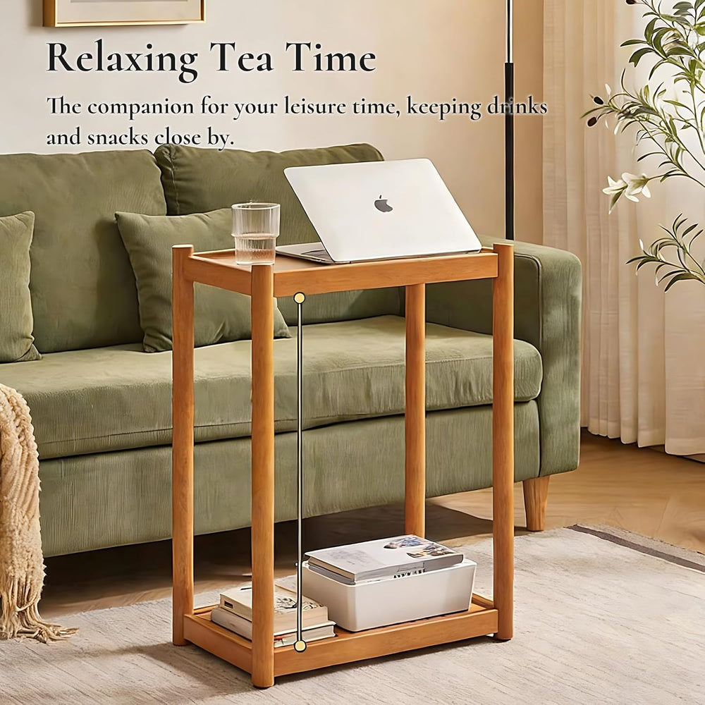 Side Table, Solid Wood Narrow End Table with Storage Shelf and Wheels, 2-Tier...