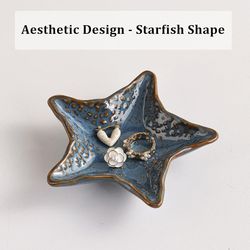 Jewelry Dish Decorative Ring Tray, Ceramic Small Cute Trinket Tray 4.92" | Starfish Shape Aesthetic Jewelry Plate Key Bowl Organizing Necklace Earrings, Home Decor Reactive Glaze Blue