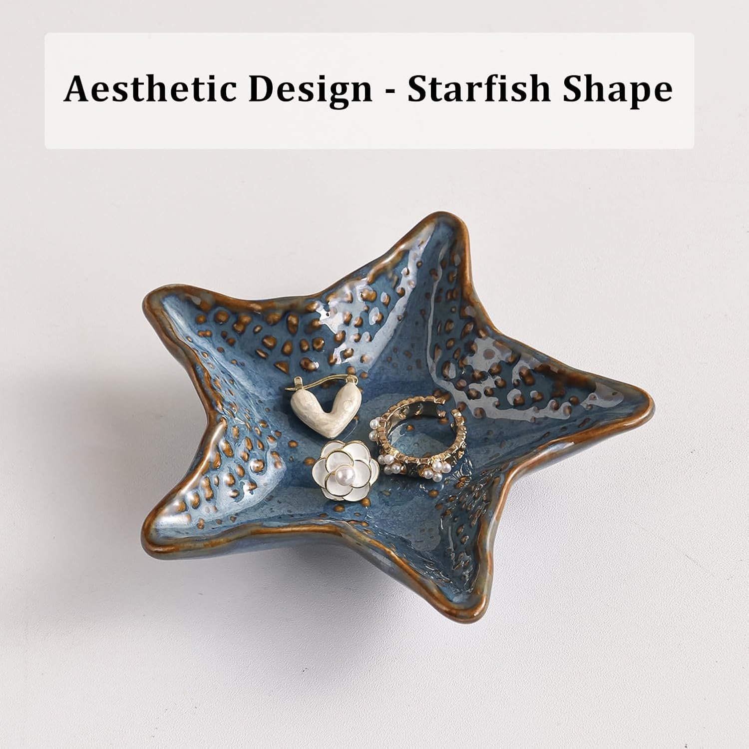 Jewelry Dish Decorative Ring Tray, Ceramic Small Cute Trinket Tray 4.92" | Starfish Shape Aesthetic Jewelry Plate Key Bowl Organizing Necklace Earrings, Home Decor Reactive Glaze Blue