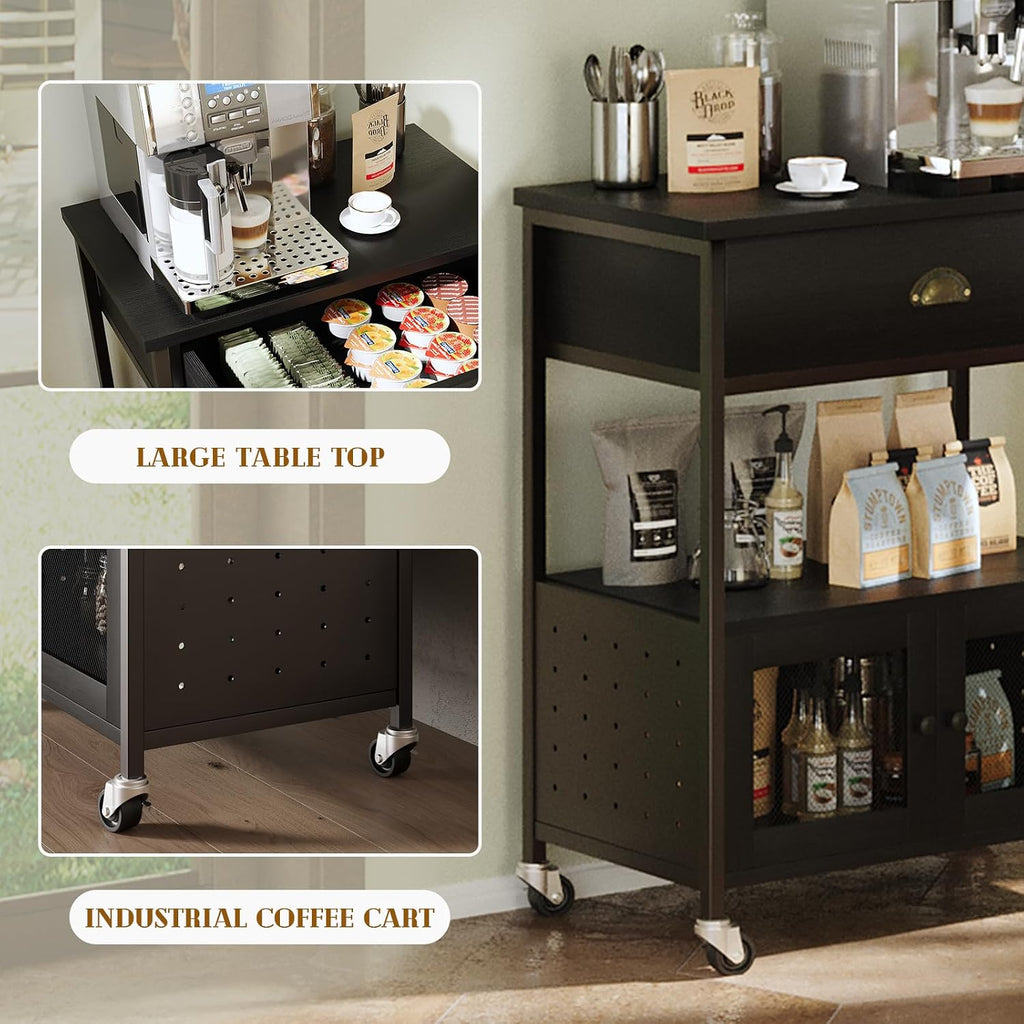 Catrimown Coffee Bar Cart Cabinet,3 Tier Coffee Station Table on Wheels,Coffee Cart with Storage for Home Kitchen, Liquor Buffet Sideboard Cabinet, Black