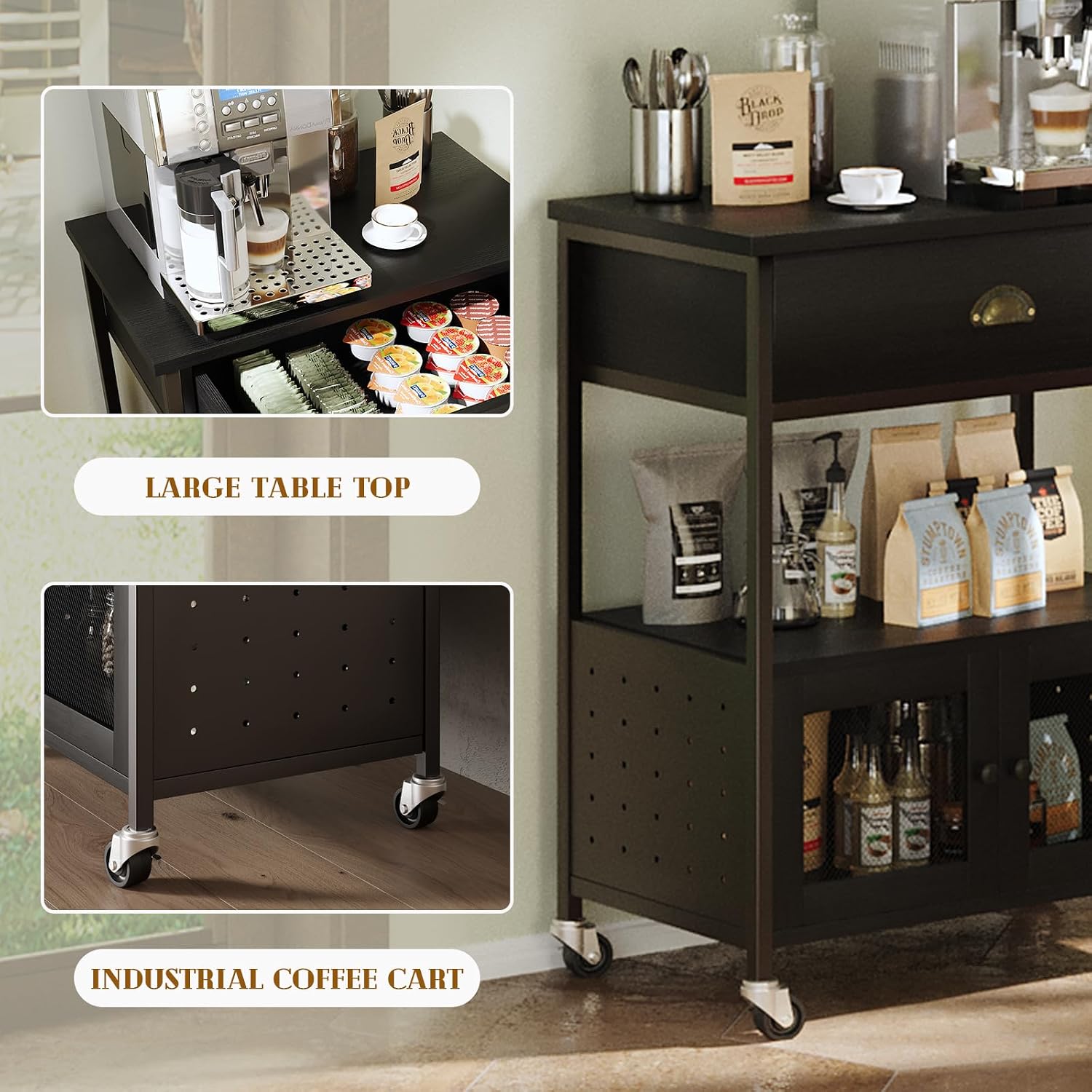 Catrimown Coffee Bar Cart Cabinet,3 Tier Coffee Station Table on Wheels,Coffee Cart with Storage for Home Kitchen, Liquor Buffet Sideboard Cabinet, Black